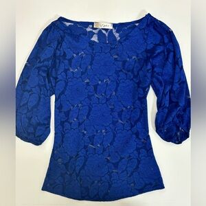 Ezra Cobalt Blue Lace Puff Sleeve Blouse Size Small